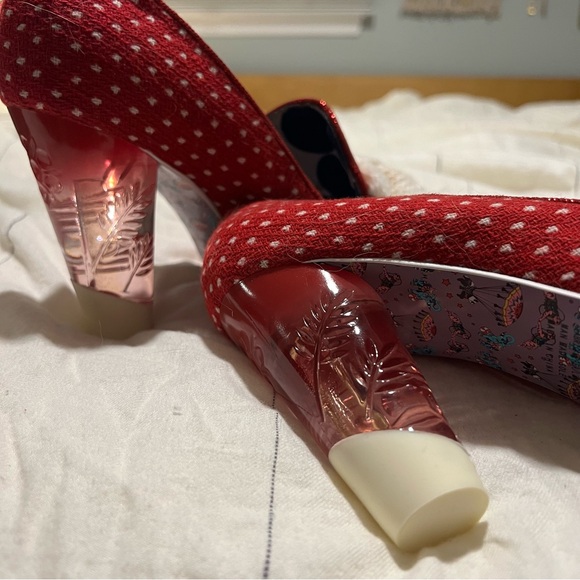 Irregular Choice Red Polka Dot Bow Pumps Retro Vintage Lucite Heel Holiday Cheer - Picture 6 of 9